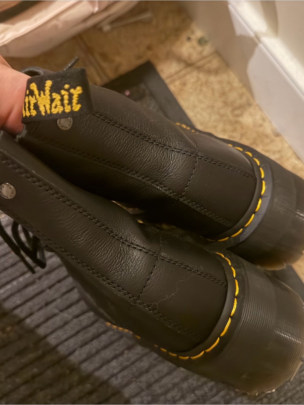 Dr. Martens Black Leather Lace-Up Ankle Boots with Yellow Stitching